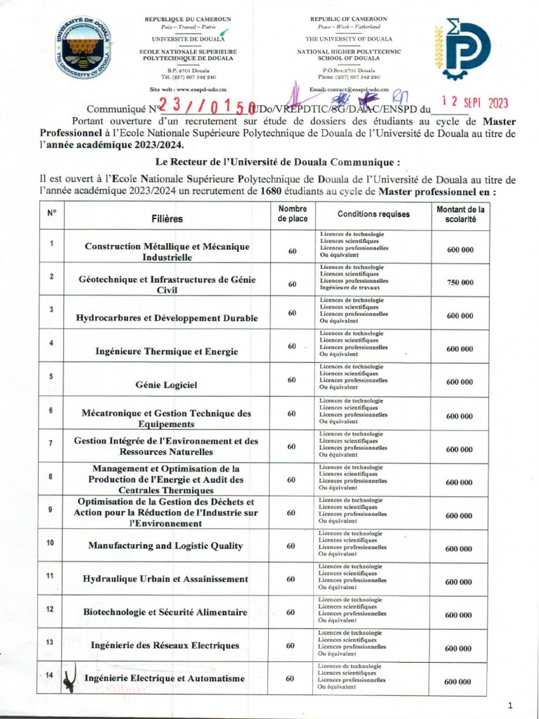 Concours ENSPD Master Professionnel 2023 2024 PDF