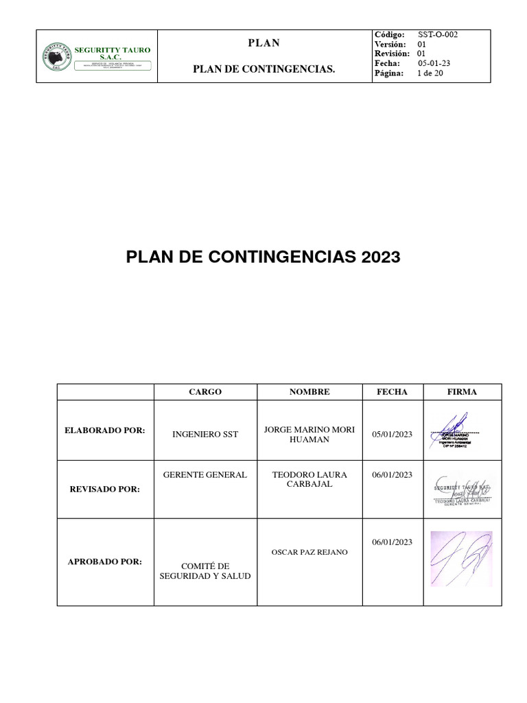 Plan de Contingencias 2023 | PDF | Riesgo | Primeros auxilios