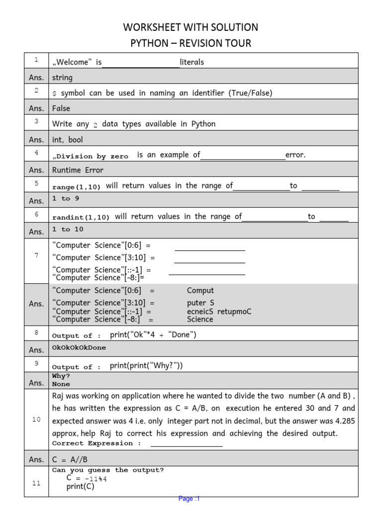 Worksheet With Solution Python - Revision Tour: Range (1,10) | PDF ...