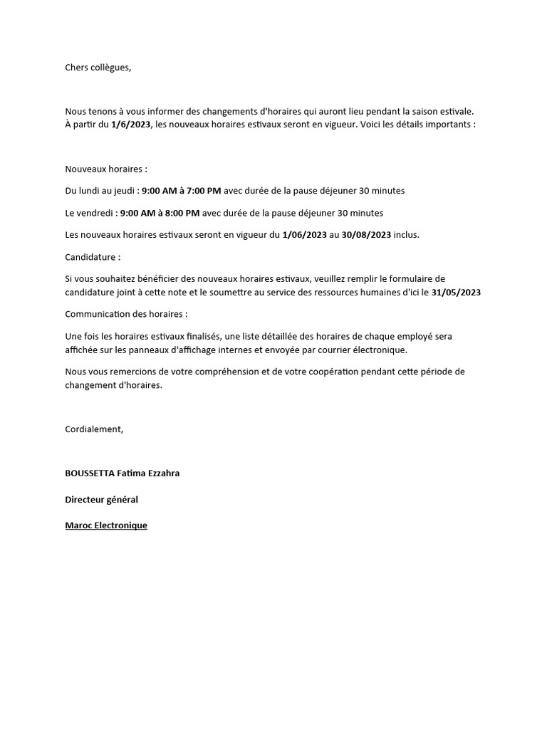 Note de Service - Changement D'horaires en Saison Estivale | PDF ...