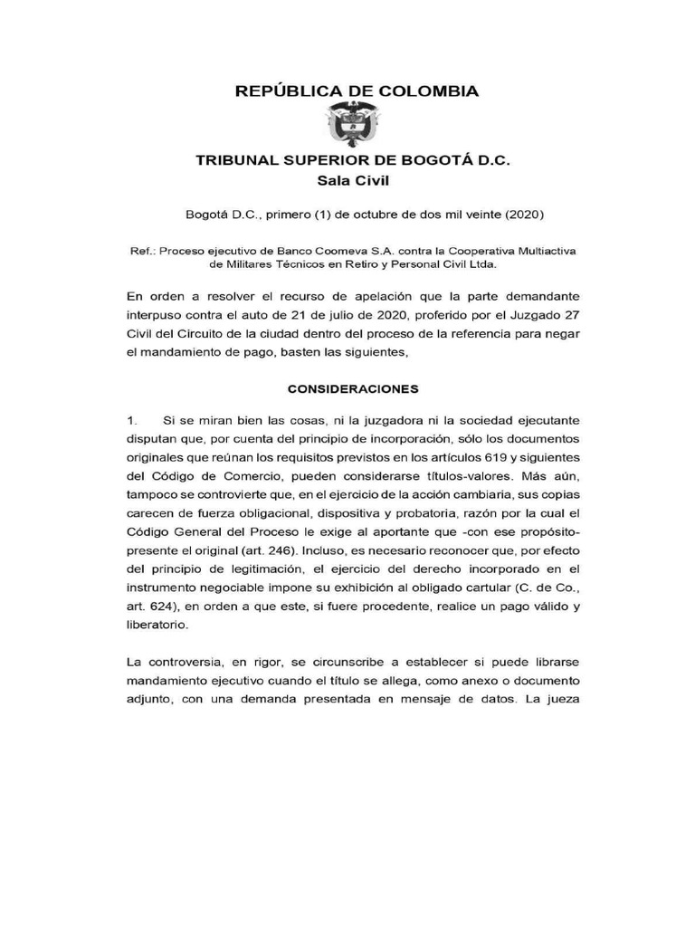 Sentencia Tribunal Proceso Ejecutivo Titulo Valor Virtualidad. | PDF