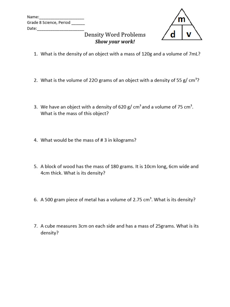 Density Word Problems: Show Your Work! | PDF