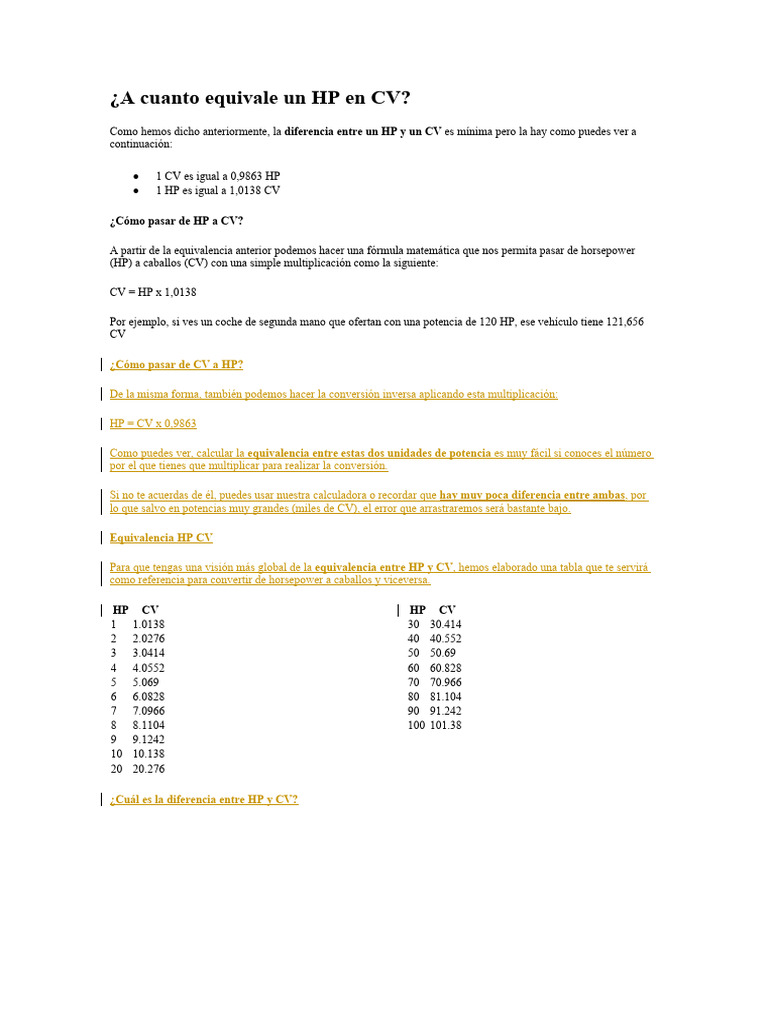 A Cuanto Equivale Un HP en CV PDF