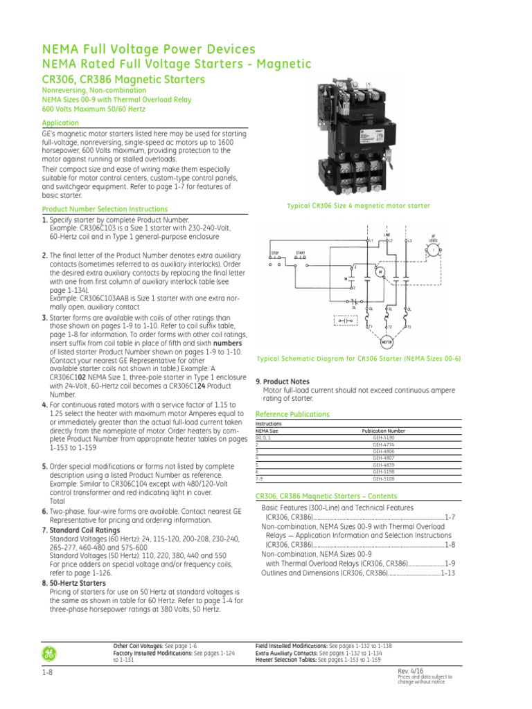 GE CR306 Starter Overview PDF Relay Electric Motor
