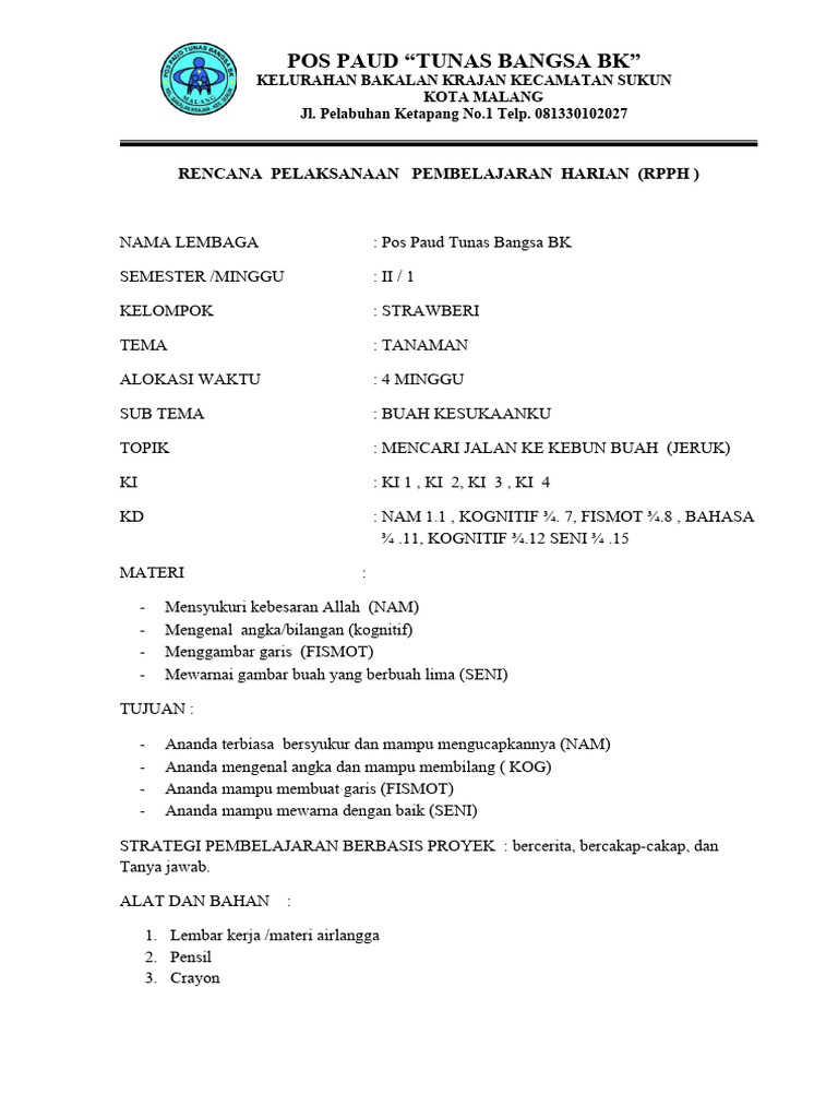 RPPH Tema Tanaman Buah untuk TK | PDF