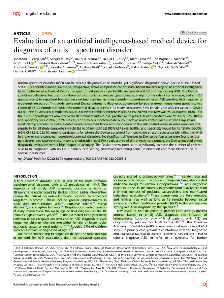 2022 Digital Medicine Evaluation of An Artificial Intelligence