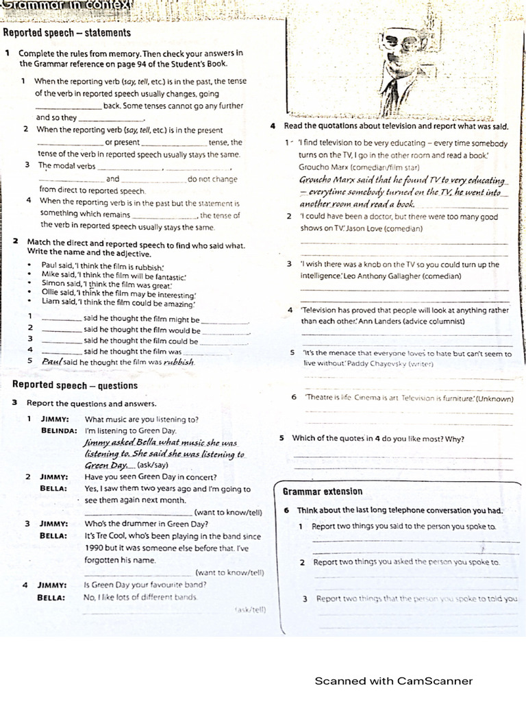 Reported Speech Worksheet PDF