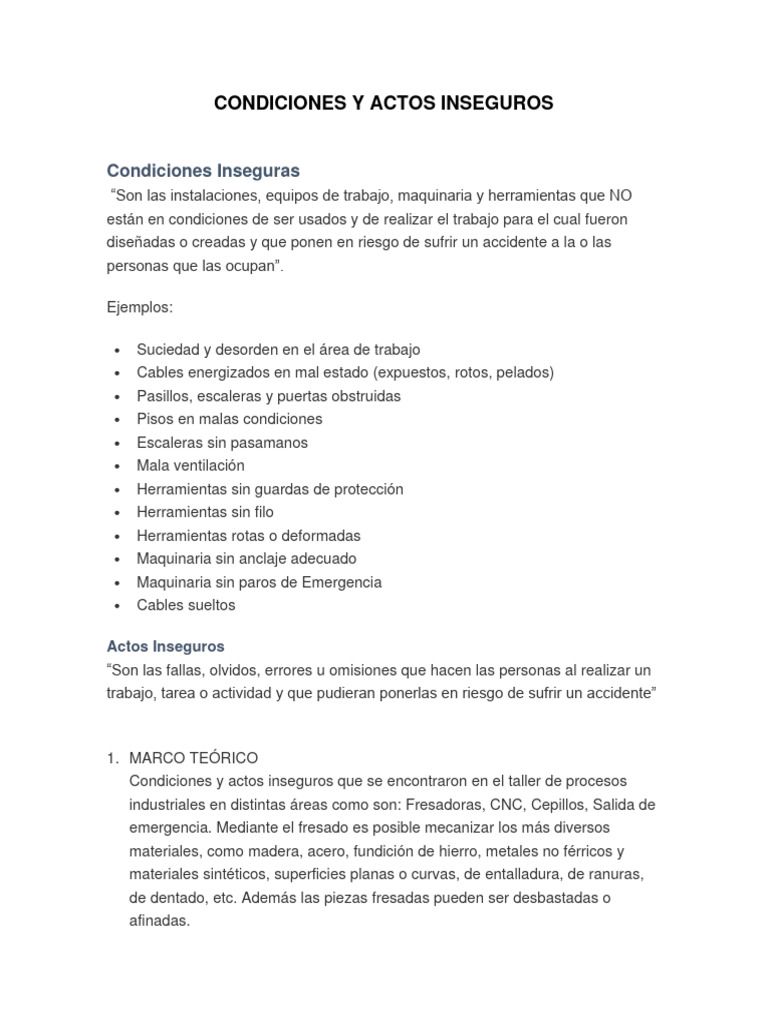 Condiciones y Actos Inseguros en Talleres | PDF | Equipo | Metalurgia
