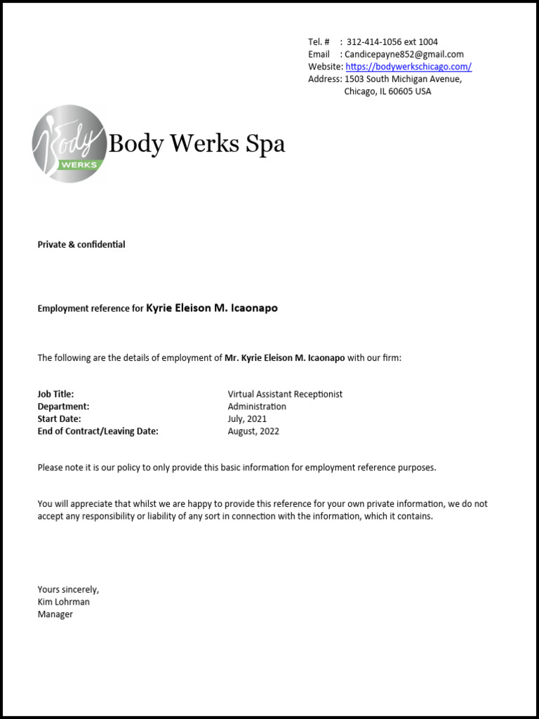 Body Werks Chicago COE PDF