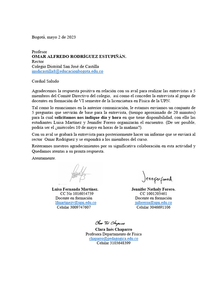 Carta Con Preguntas RECTOR Col Jose de Castilla | PDF