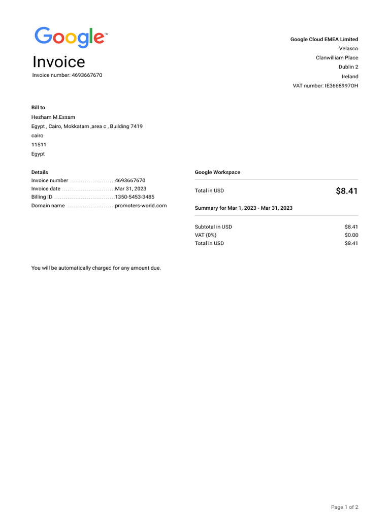 Google Workspace Invoice #4693667670 | PDF | Business Documents ...