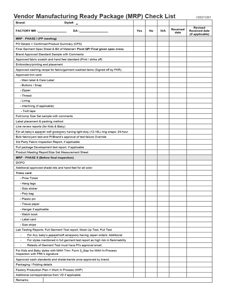 Vendor Manufacturing Checklist Guide | PDF | Clothing | Textiles