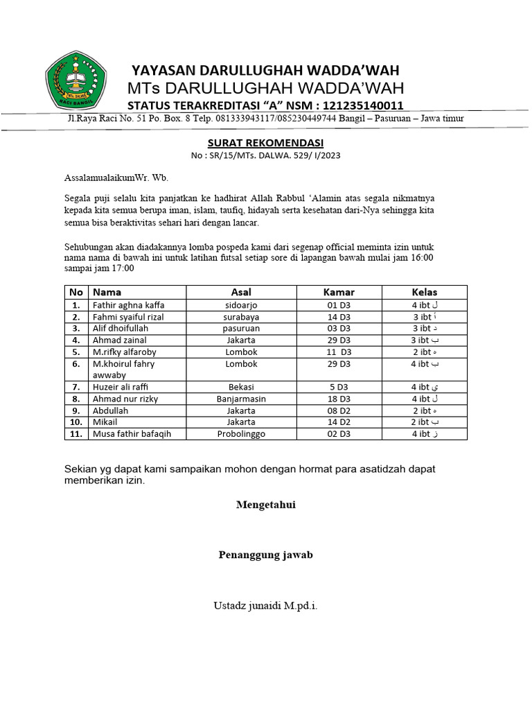 Surat Izin Latihan Futsal MTs Dalwa | PDF
