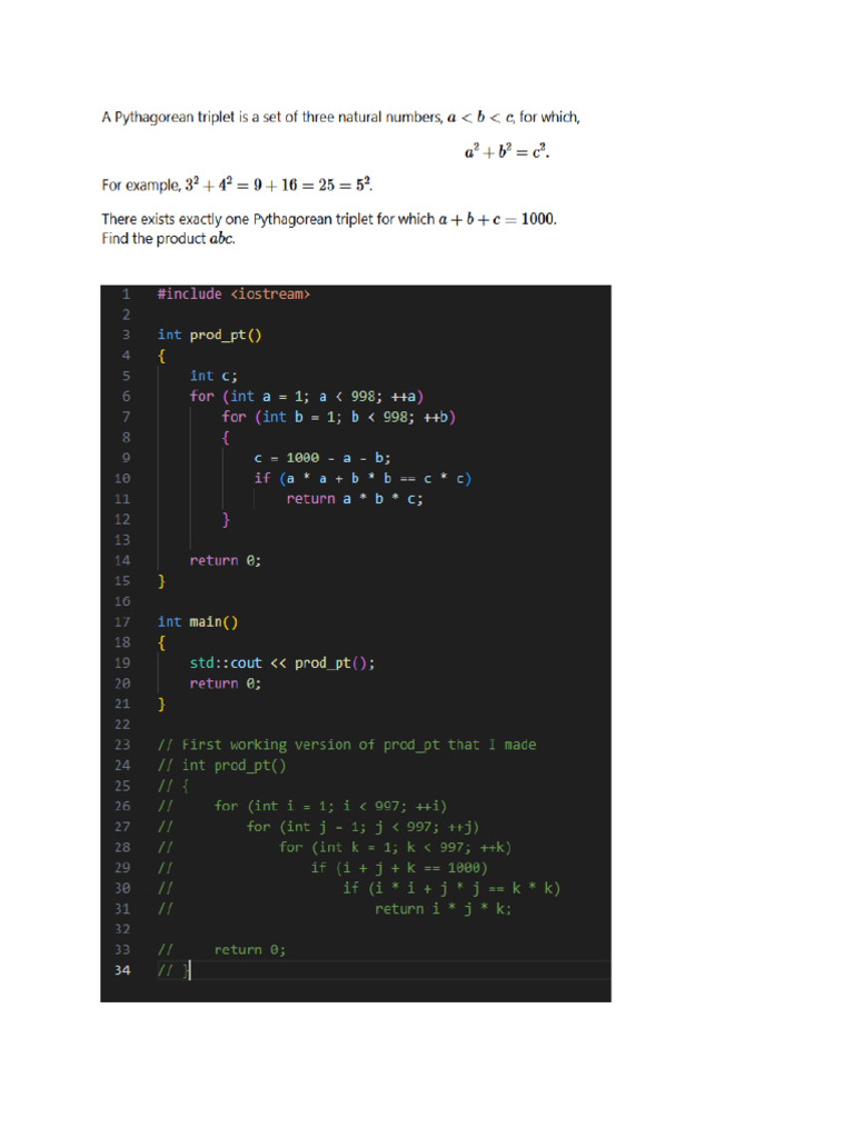 CPP Code For Prob 9 Special Pythagorean Triplet | PDF