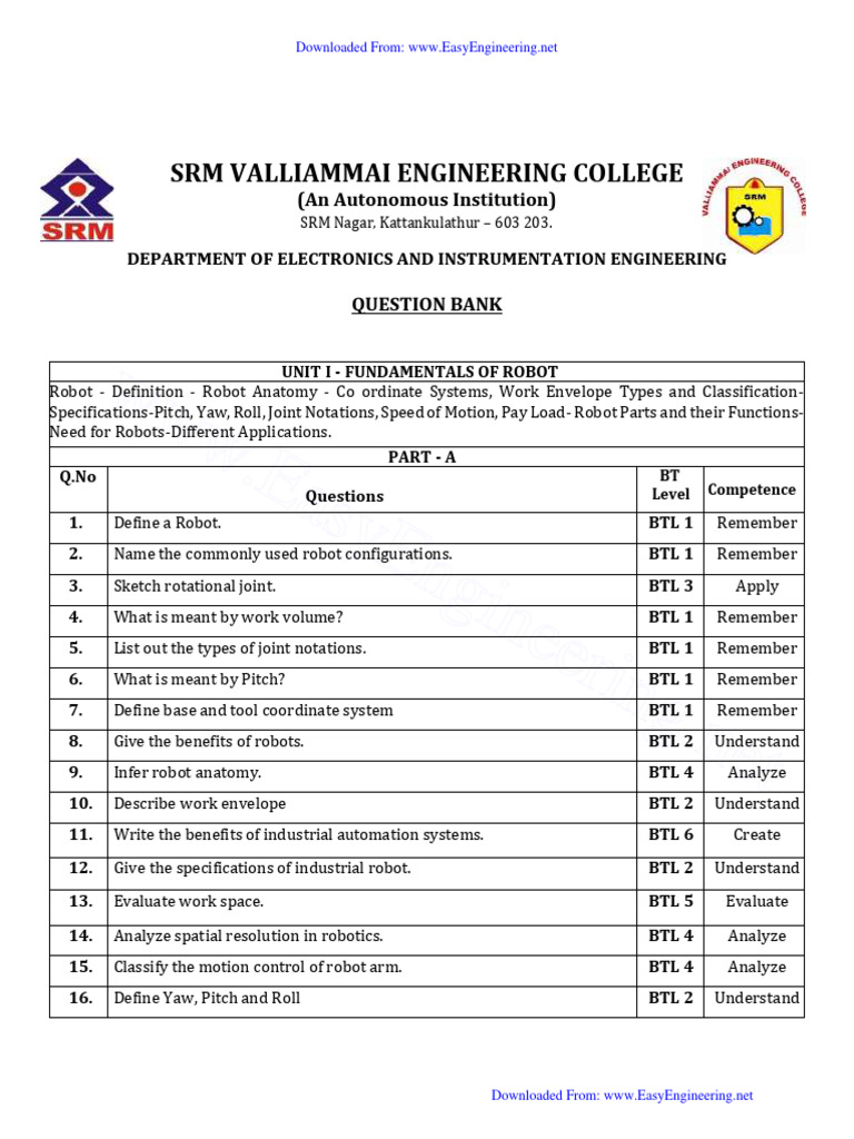 SRM Robotics Fundamentals Question Bank | PDF | Computer Vision ...