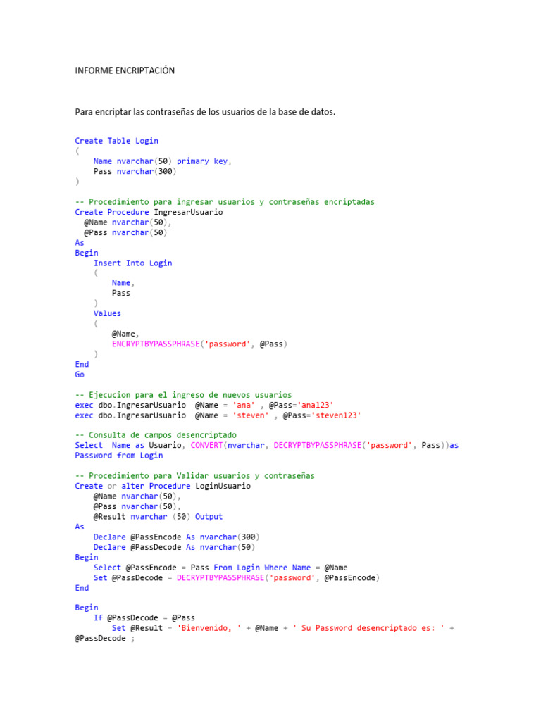 Encriptación de Contraseñas en SQL | PDF