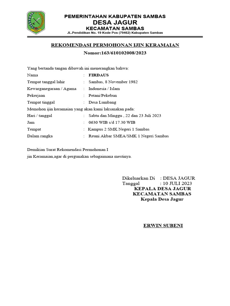 Surat Rekomendasi Izin Keramaian | PDF
