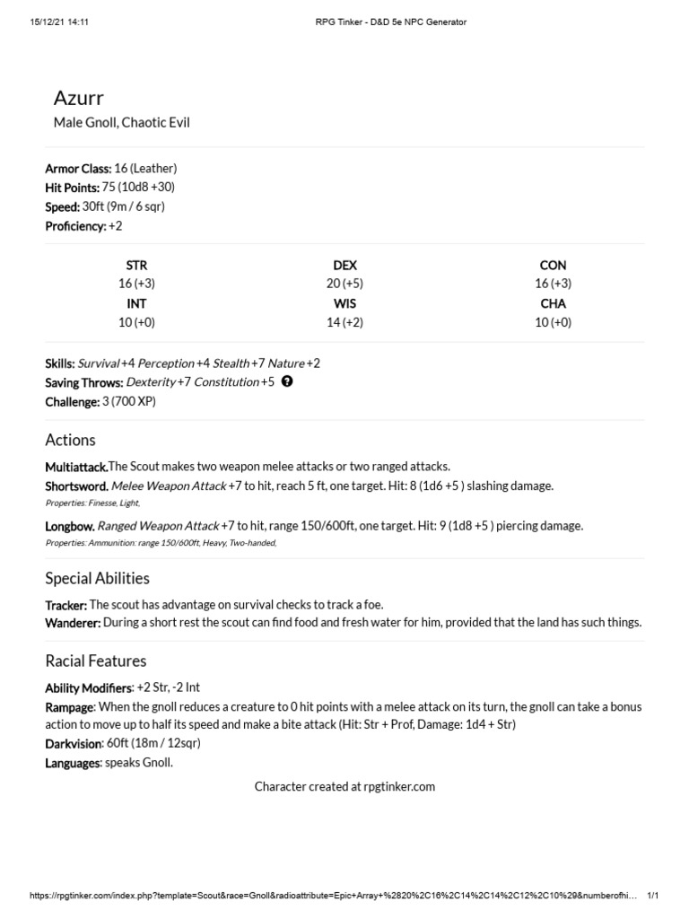 RPG Tinker - D&amp;D 5e NPC Generator | PDF