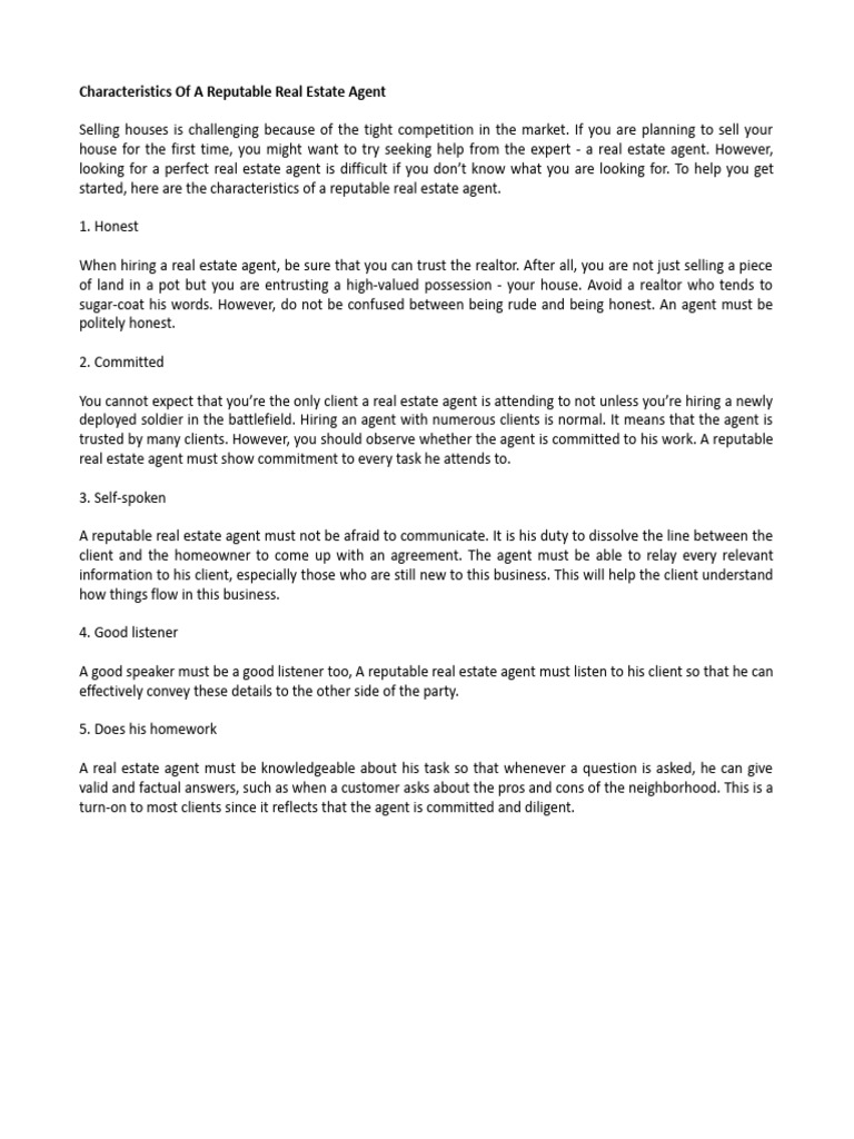 Characteristics of A Real Estate Agent | PDF