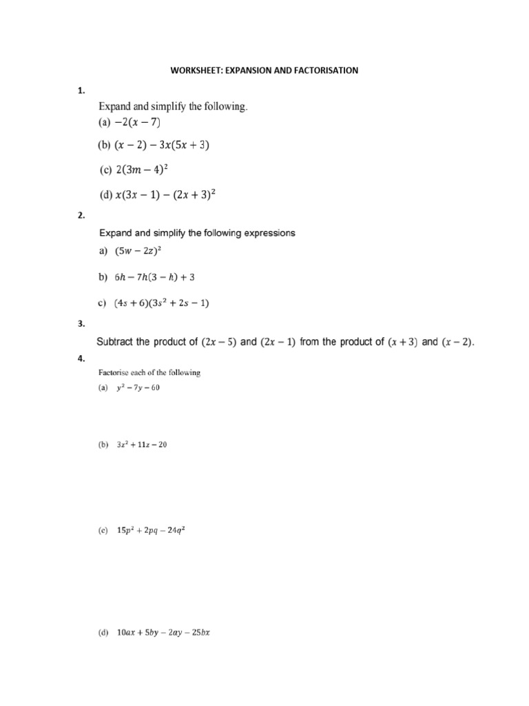 Worksheet Expansion and Factorisation | PDF