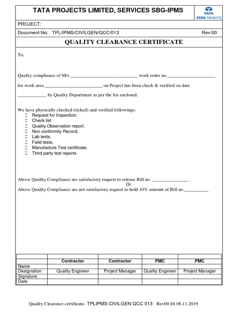 Quality Clearance Certificate TPLIPMS CIVILGEN QCC 013 Rev00 Dt.06.11