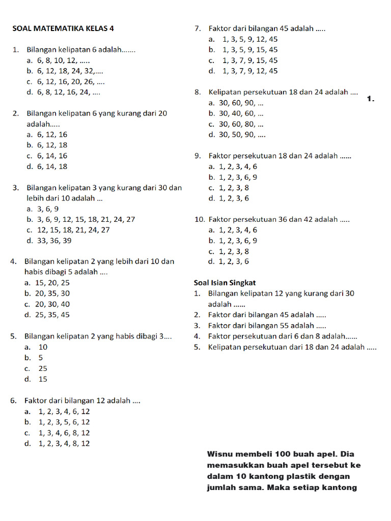 Soal Cerita Pembagian Kelas 4 Pdf