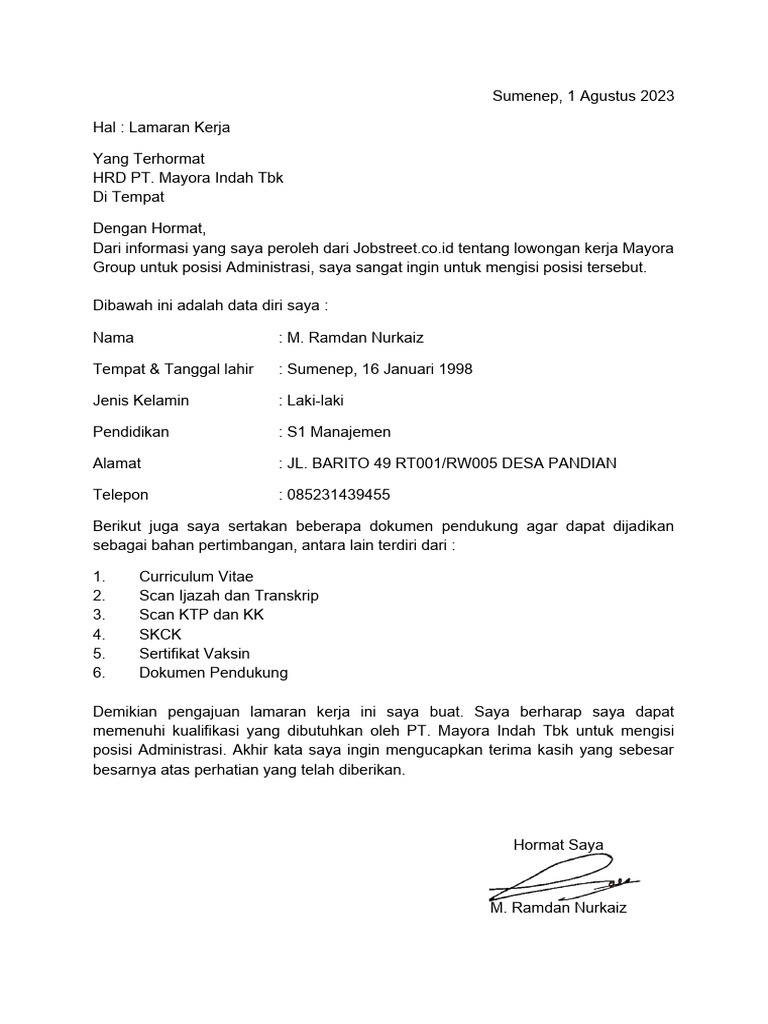Surat Lamaran Kerja - PT. Mayora Indah TBK | PDF