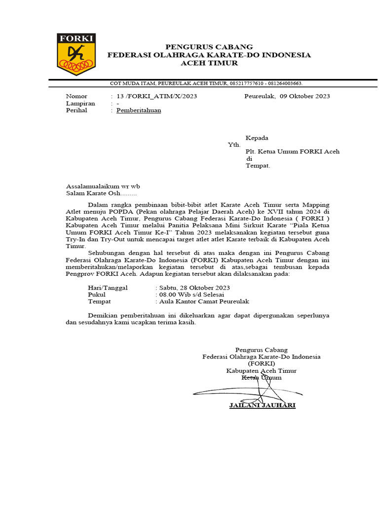Pemberitahuan Mini Sirkuit Karate 2023 | PDF