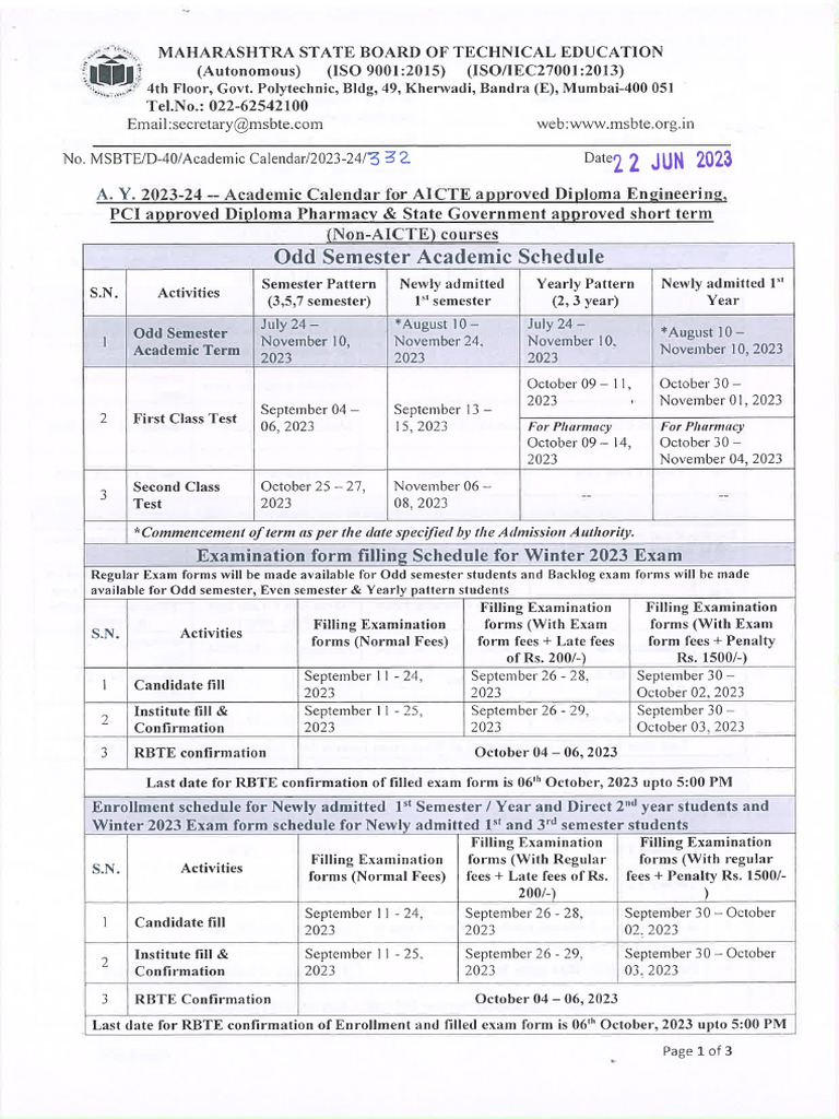 MSBTE Academic Calendar 2023 24 PDF