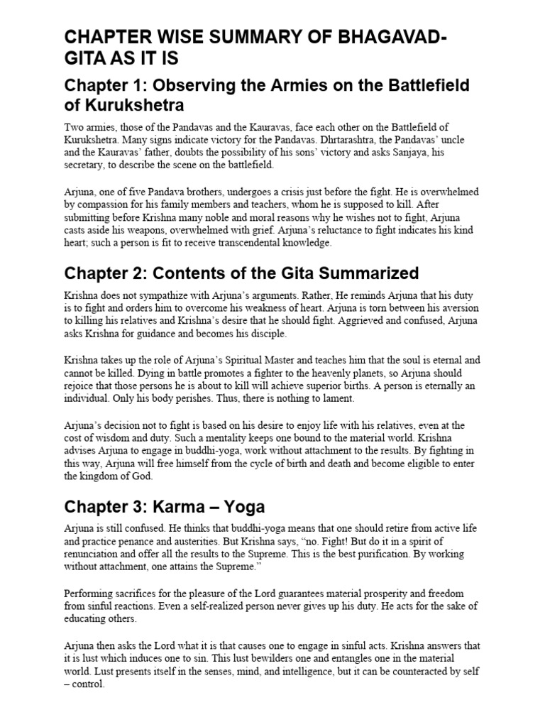 Chapter-wise Summary of Bhagavad Gita | PDF | Yoga | Bhagavad Gita
