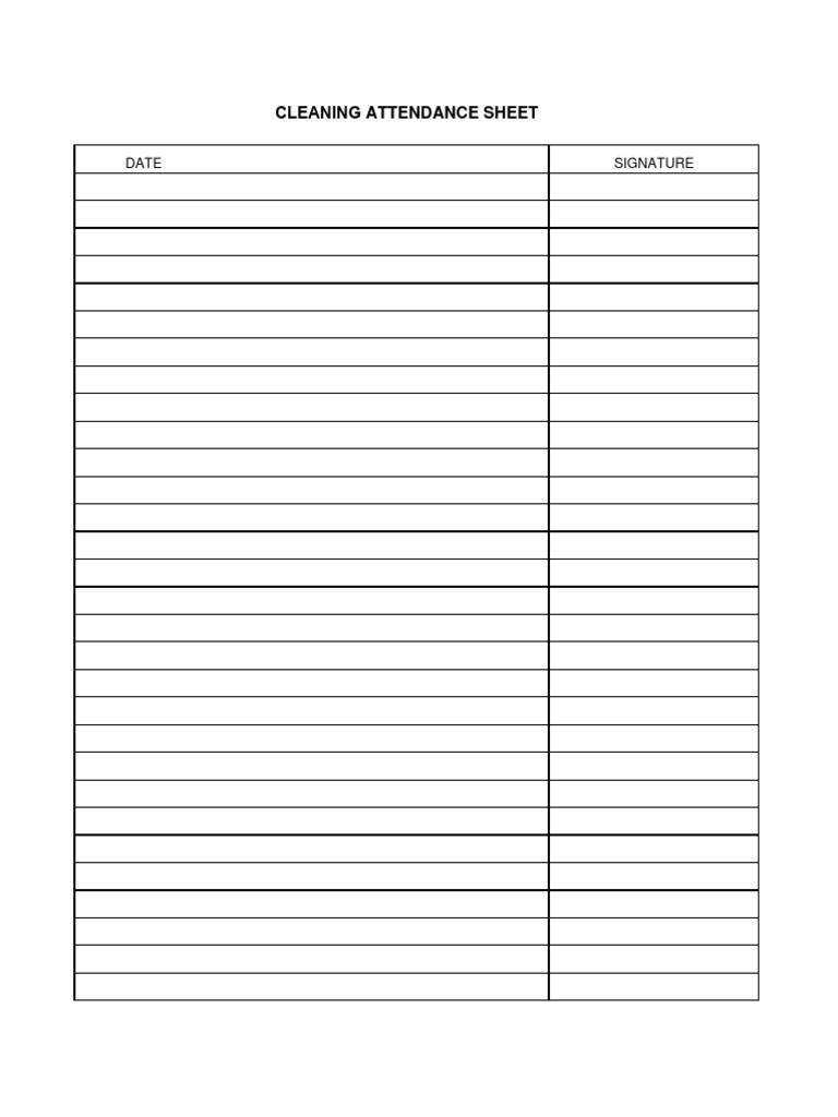 Cleaning Attendance Sign in Sheet Template | PDF