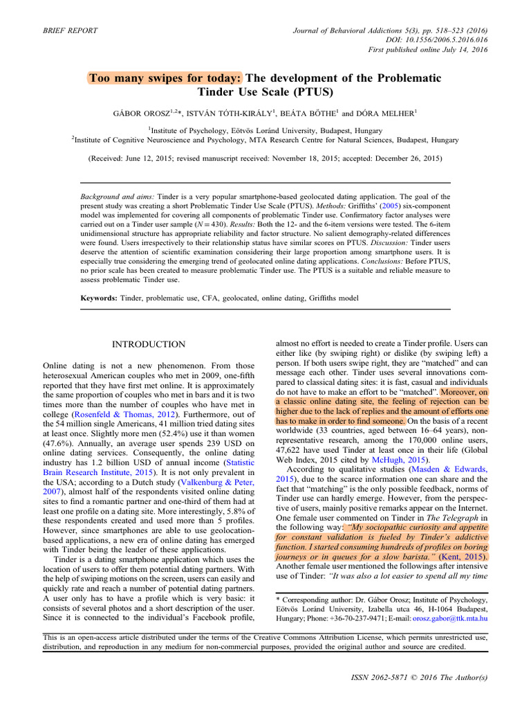 Problematic Tinder Use Scale Development | PDF | Tinder (App) | Factor ...