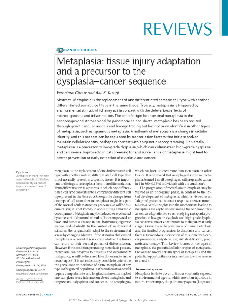 Metaplasia. Nature Reviews | PDF | Epithelium | Cancer