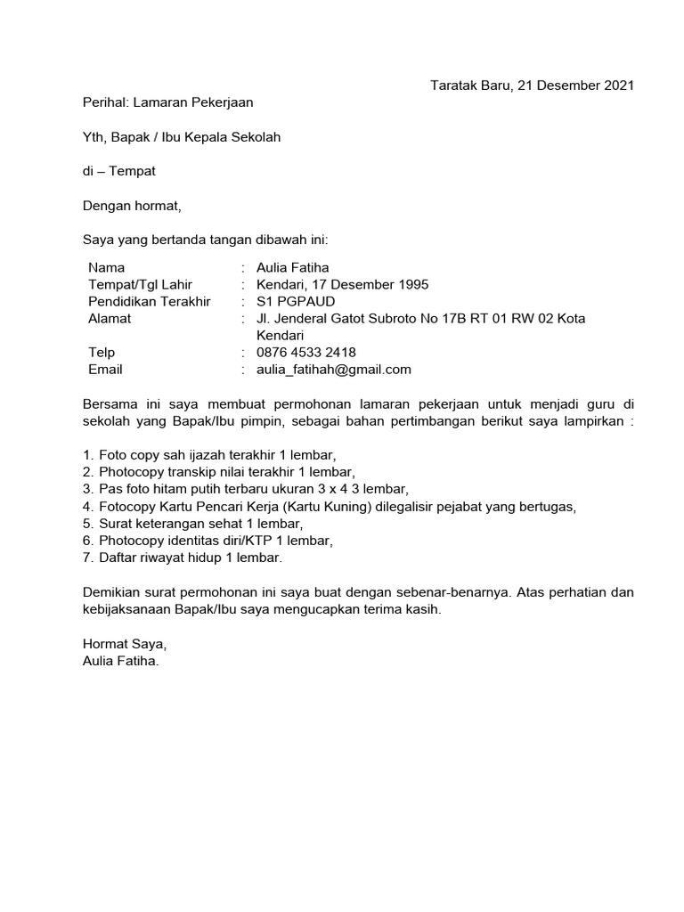 Contoh Surat Lamaran Kerja Guru Paud Umum | PDF