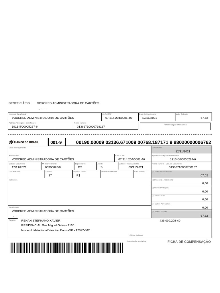 Beneficiário:: Ficha de Compensação | PDF | Dinheiro | Pagamentos