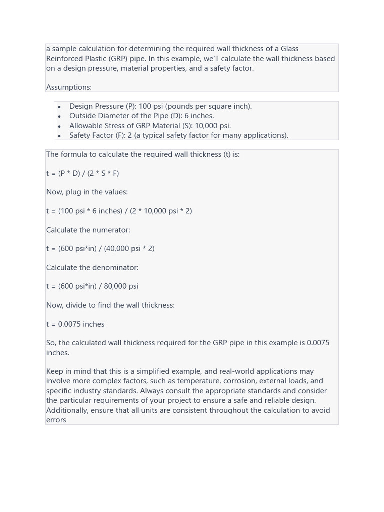 GRP Pipe Wall Thickness Calculation Guide | PDF