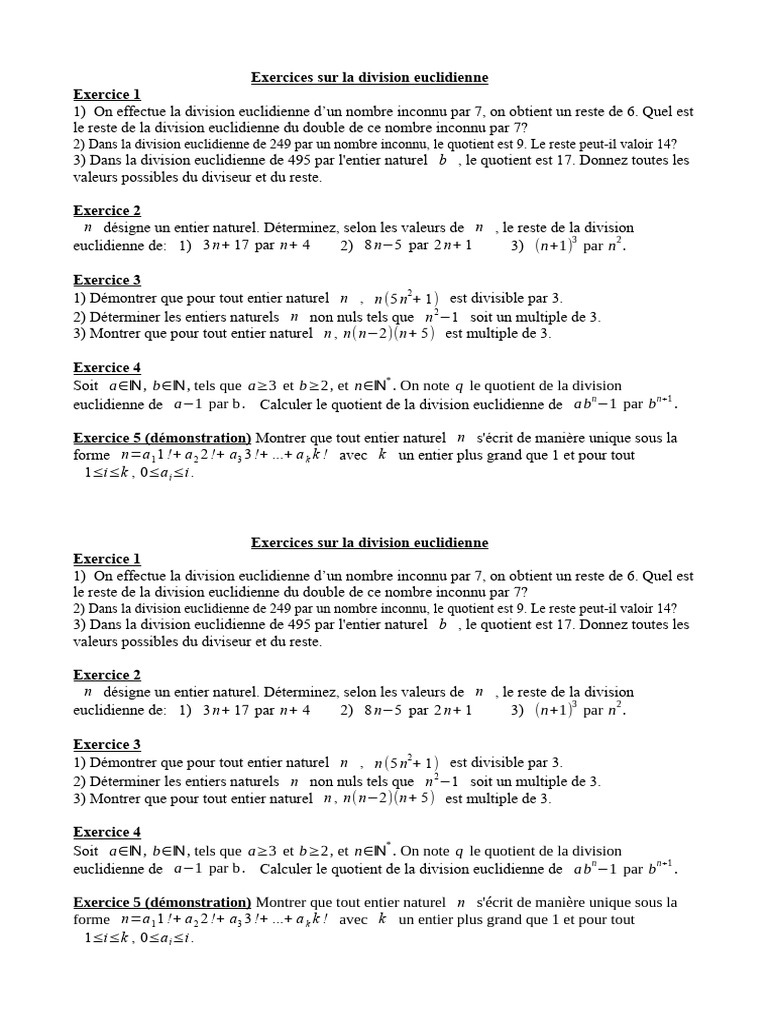 Exercices Sur La Division Euclidienne Bis-1 | PDF | Entier naturel ...