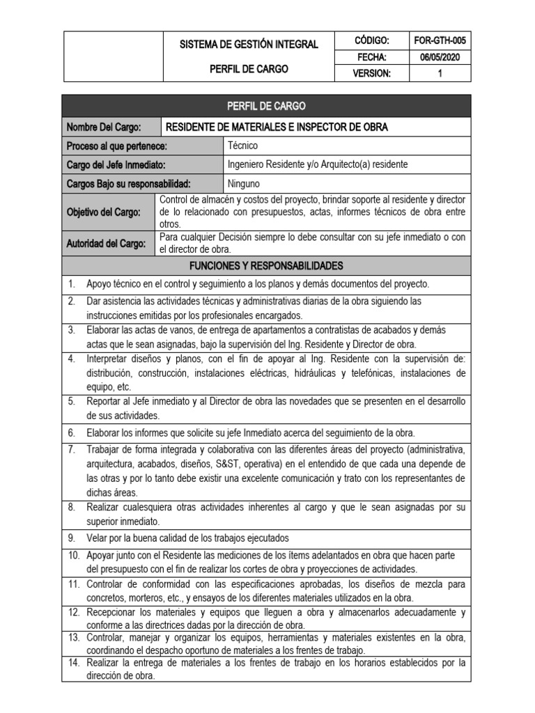 Perfil de Cargo: Residente e Inspector de Obra | PDF | Presupuesto ...