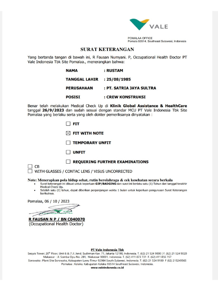 Surat Fit Rustam PT SJS | PDF