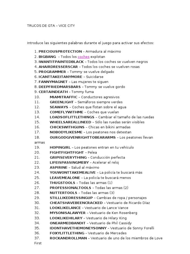 Trucos de Gta Vice City PDF Deportes Agitación