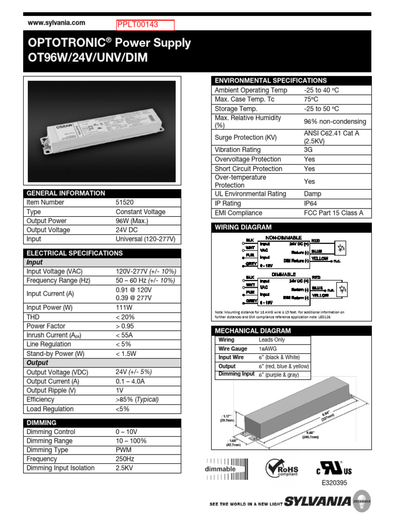 PPLT00143 Ot96w 24V Unv Dim | PDF | Power Supply | Manufactured Goods