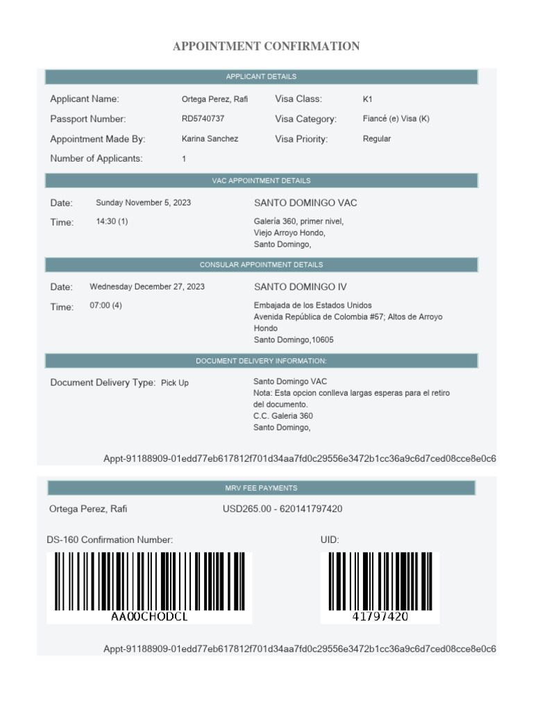 K1 Visa Appointment Confirmation Details | PDF | Travel Visa | Passport