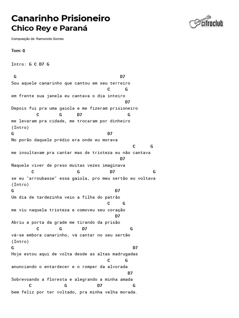Canarinho Prisioneiro: Letra e Cifras | PDF