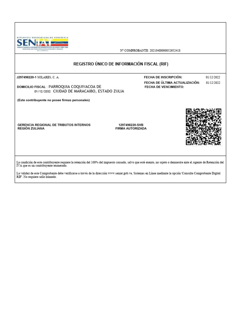 Número de Certificado del RIF en Zulia | PDF | Negocios | Finanzas y dinero