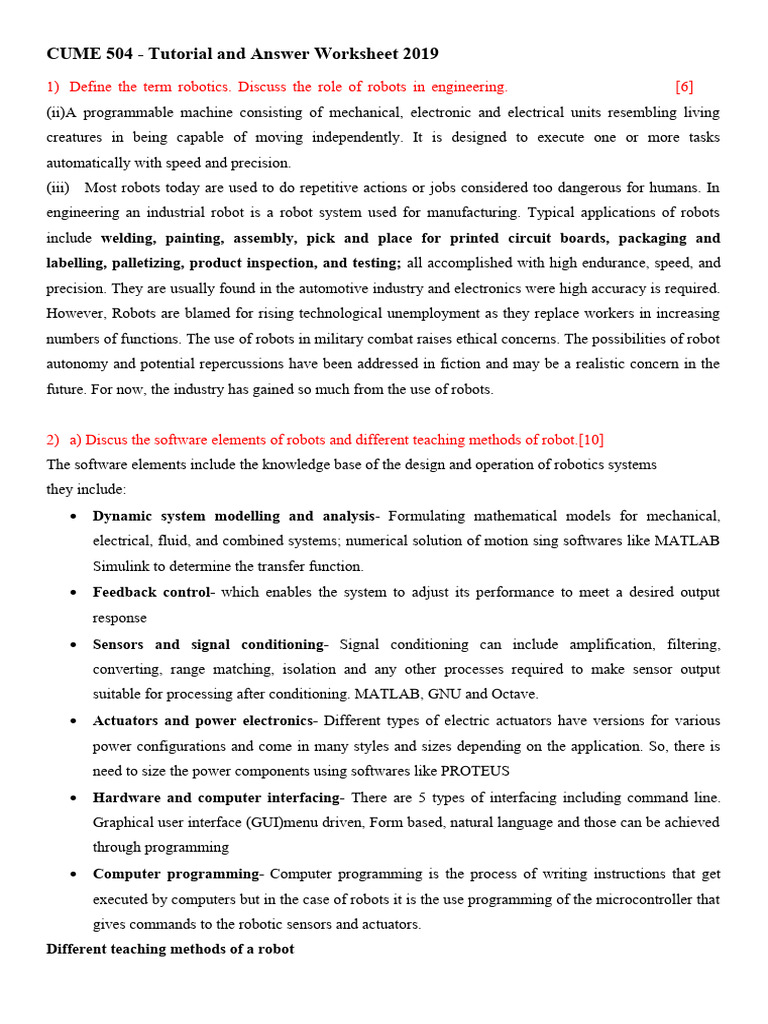 Tutorial With Answers Pdf Kinematics Robot