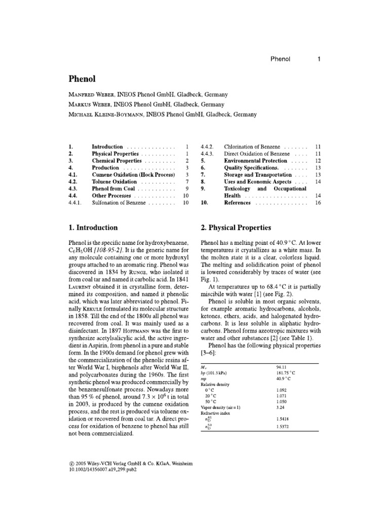 Phenol Ullmann #39 s Encyclopedia of Industrial Chemistry 2007 PDF