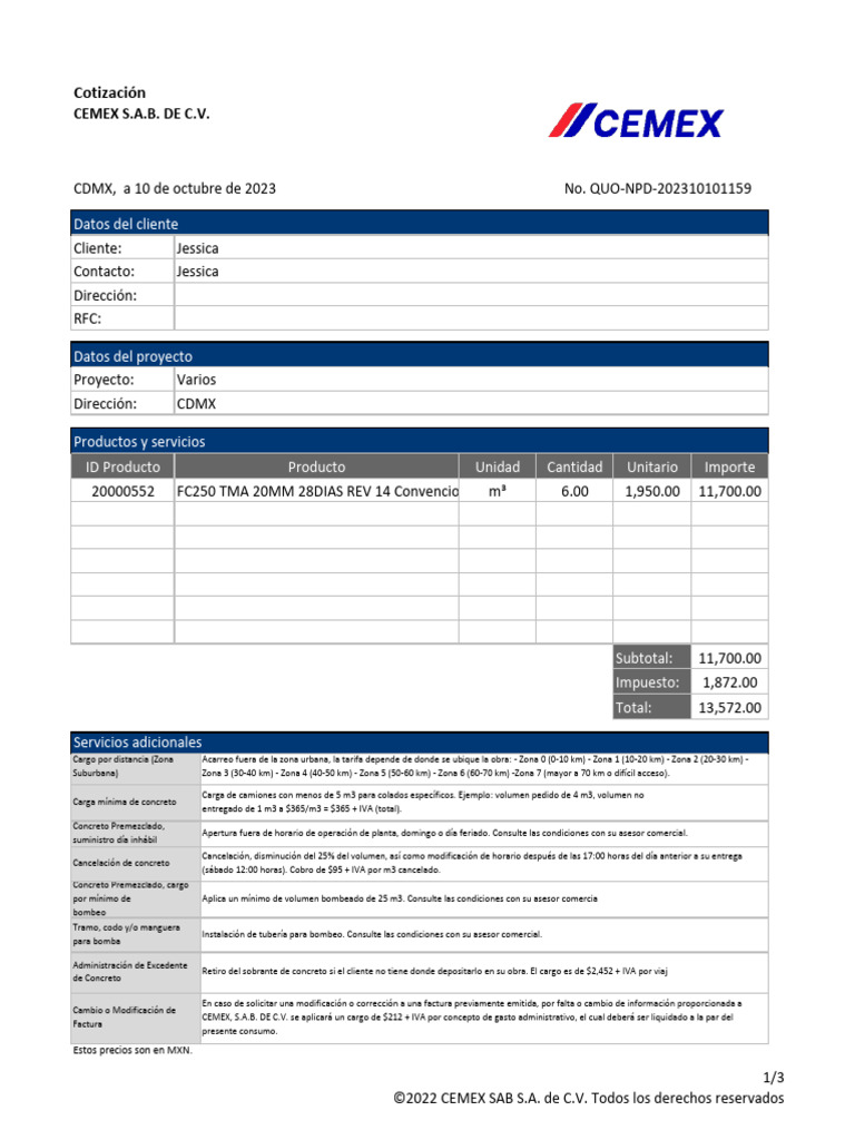Concreto CEMEX LOS REYES | PDF | Calidad (comercial) | Tarjeta de crédito