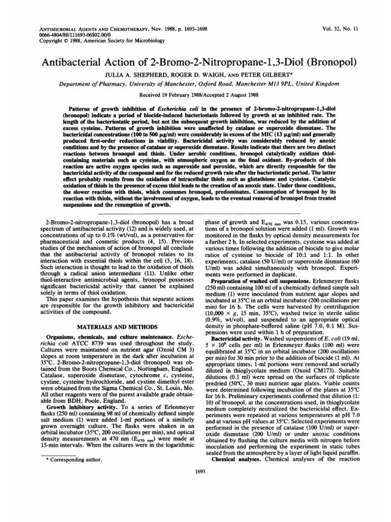 Antibacterial Action 2-Bromo-2-Nitropropane-1,3-Diol (Bronopol) | PDF ...