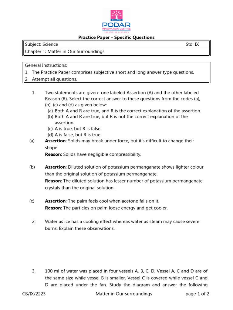 Class 9 Science: Matter Practice Paper | PDF | Water | Matter