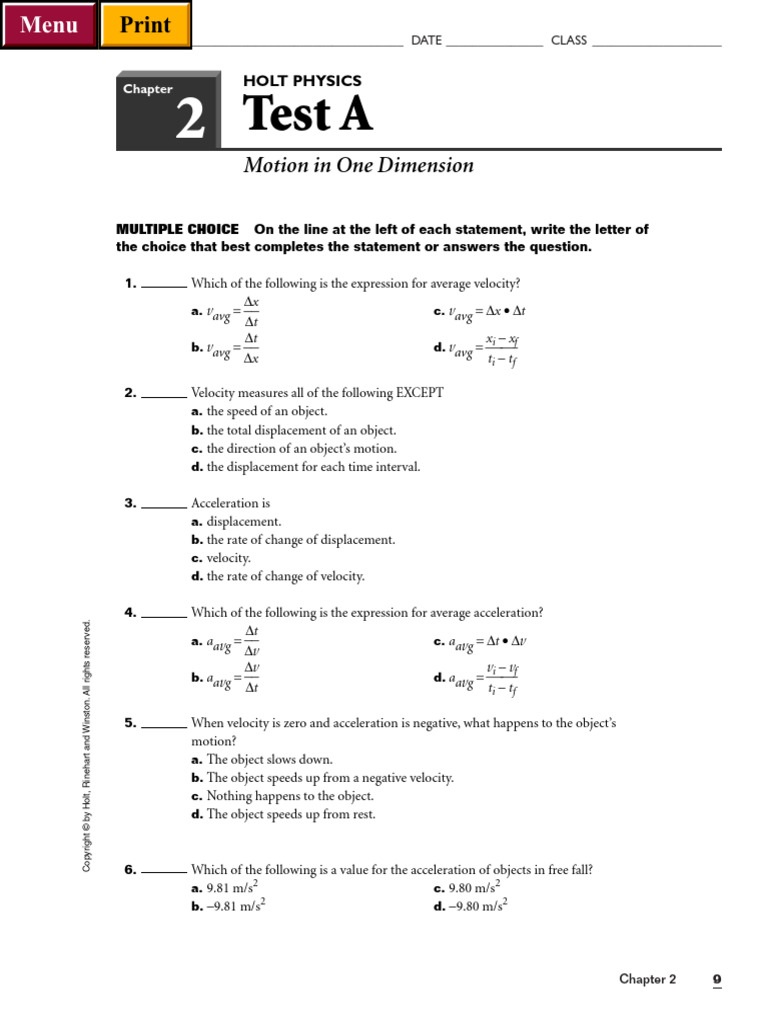 Practice Tests For Ch2 | PDF | Acceleration | Velocity